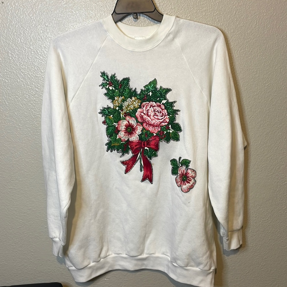 Vintage Holiday White Crew Neck Cotton Sweater | XL
